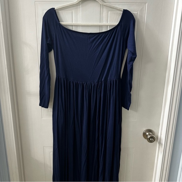 Stretchy Navy Off Shoulder Long Sleeve Maxi Dress Maternity Friendly Size L - Picture 5 of 10